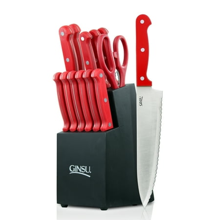 Ginsu Essential Series 14-Piece Stainless Steel Serrated Knife Set - Cutlery Set with Red Kitchen Knives in a Black Block,