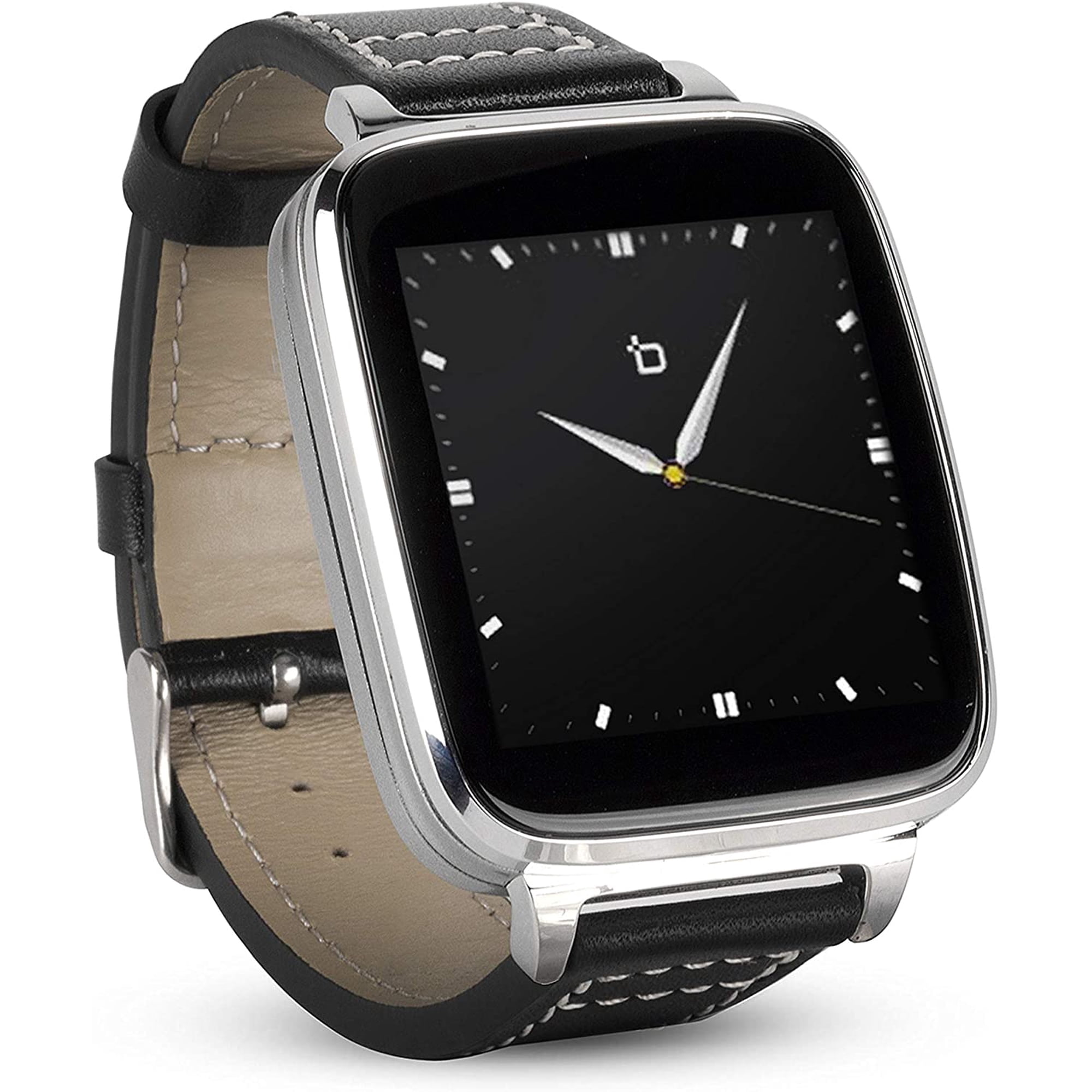 BIT BEANTECH Full Function Smart Watch for Apple/Android Devices. Classical Elegance with Communications Fitness Music Camera Control. Silver with Black Calfskin Leather Strap (Black)