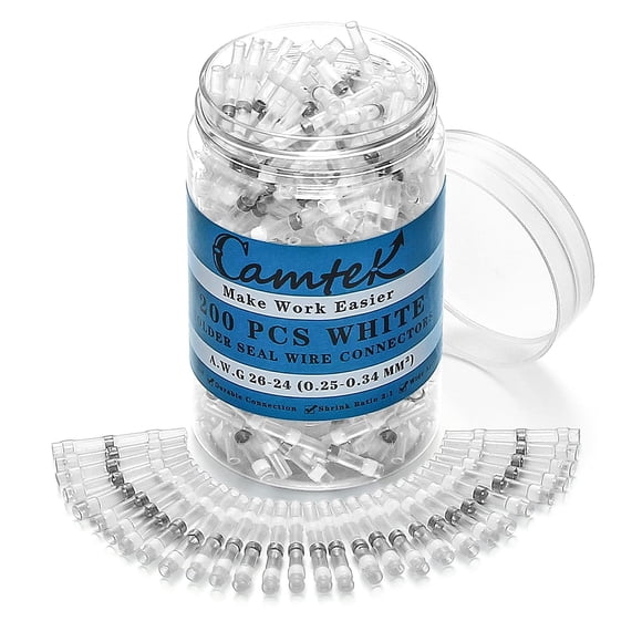 Camtek 200PCS White Solder Seal Wire Connectors, 26-24 AWG Self Soldering Heat Shrink Wire Connectors Marine Grade Waterproof Insulated Electrical Butt Splice Wire Terminals for Automotive Boat Truck