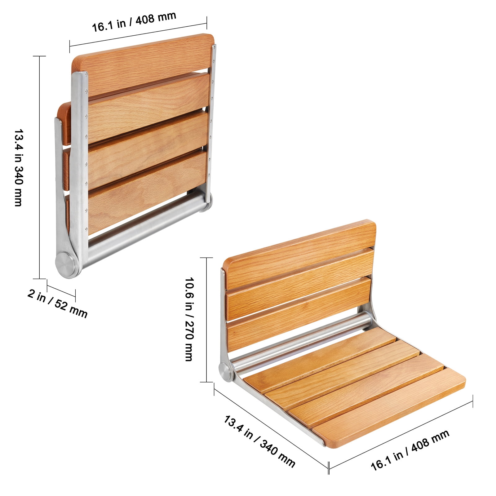 KFFKFF Oak Shower Bench, Wall Mount, 16.1" x 13.4", Folds Up, 440 lbs Capacity, Compact Design for Elderly, Pregnant, Kids