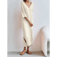 thumbnail image 2 of KelaJuan Women Long Dress, Elegant Half Sleeve V Neck Solid Loose Slit Dress Summer Knit Dress, 2 of 6