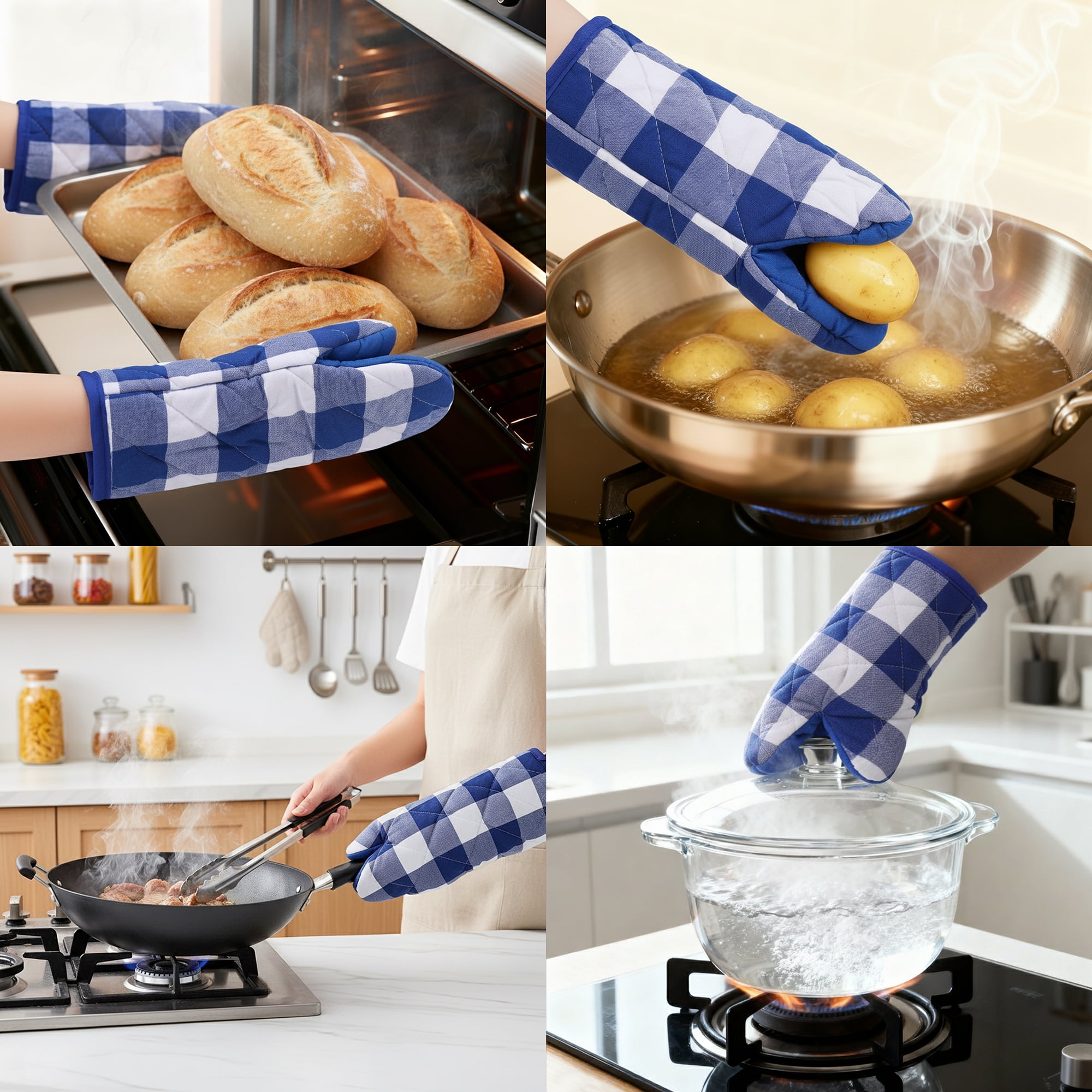 Unique Bargains 2pcs Soft Heat-Resistant Thick Cotton Lining Oven MittsBlue 11.4" x 5.9"