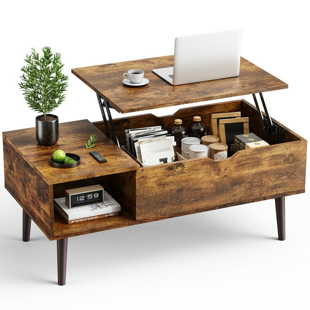 EDX Modern Lift Top Coffee Table with Hidden Storage Compartments in rustic brown finish. Designed for living rooms and small spaces, it features a liftable top for a sturdy work or dining surface, hidden storage compartments, and adjustable shelves. Built with solid metal legs and durable wood composite for stability. Its compact design is ideal for organizing books, remotes, or other items.
