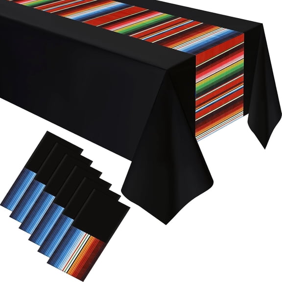 Lsupdaol Mexican Fiesta Tablecloth 54 x 108'' Party Plastic Tablecloth Striped Table Cover for Mexican Fiesta Party Decorations(Black Background, 3 Pcs)