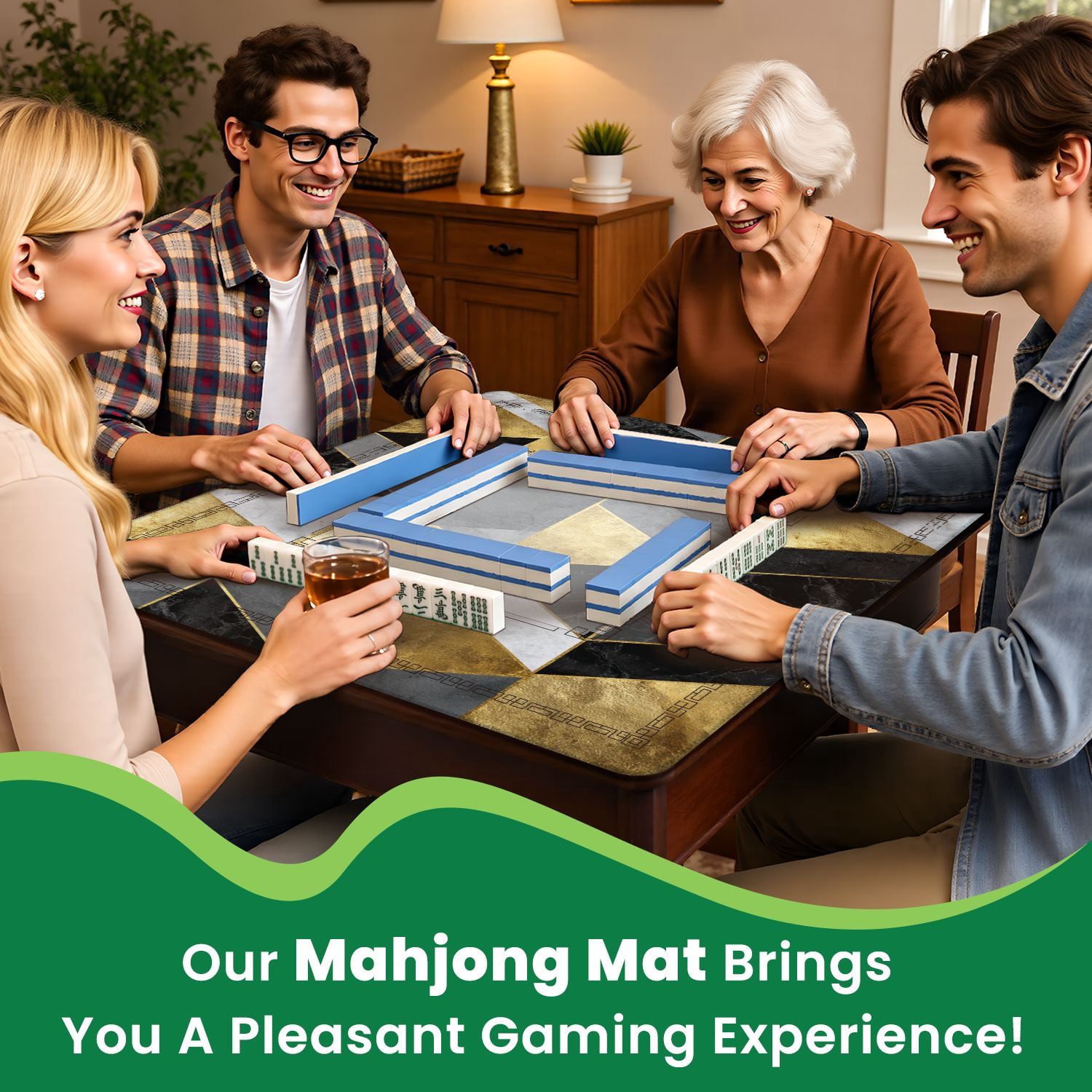 Mahjong Mat 31.5" x 31.5" seamless geometric gold metallic lines silver Non-Slip Noise Reduction American Mahjong Tiles Table Cover for Dominoes Poker Card Board Games Gift