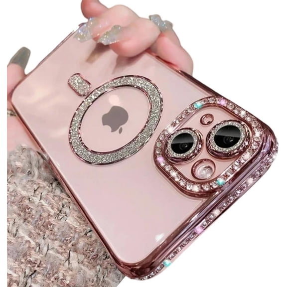 Compatible with iPhone Case,Luxury Glitter Bling Sparkly[Compatible with Magsafe] Diamond ElectroPlated Soft Shockproof Cover Phone Case (Pink,iPhone 16 Pro Max)