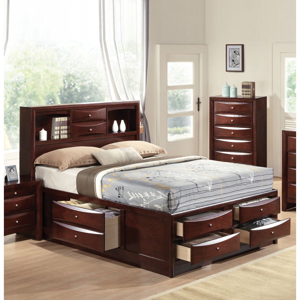 Black / Espresso Queen Bed With MultiDrawers Storage Headboard