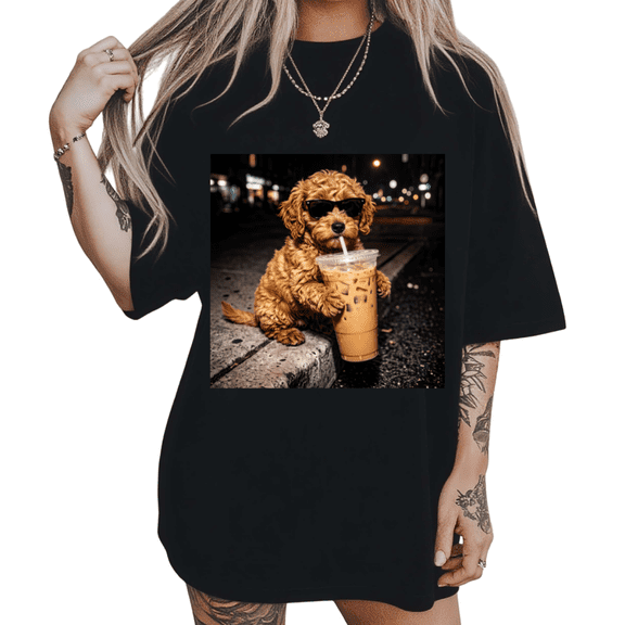 UNISHE Women's Toy Poodle Lover Chic Eyewear Dog And Iced Boba Graphic Short-Sleeve T-Shirt Black Size S-5XL Crewneck Tops