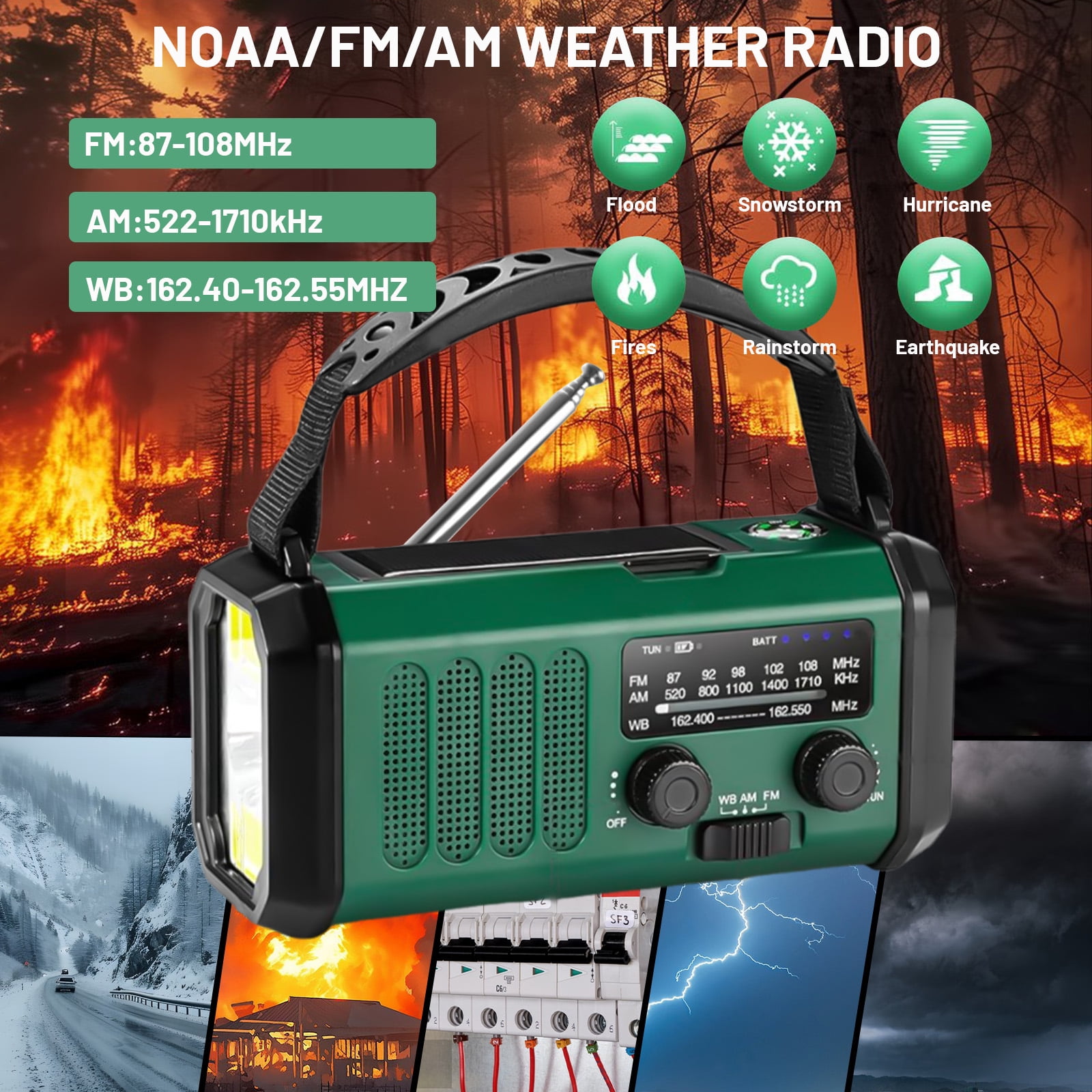 Geemuslly 10000mAh Hand Crank Emergency Radio,NOAA/AM/FM Weather Radio with Type-C Charge, Solar Charging, SOS, 3 Modes LED Torch, Reading Lamp, Compass for Camping, for Indoor Outdoor Emergencies