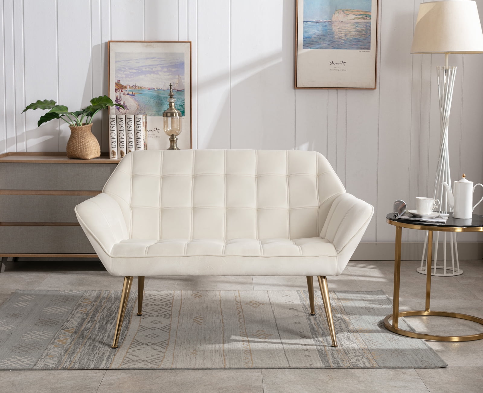 Guyou Small Loveseat Sofa, Modern Velvet 2-Seater Mini Sofa Couch with Quilted Back and Armrests, Cute Accent Chair with Gold Metal Legs for Living Room Bedroom Apartment, Cream