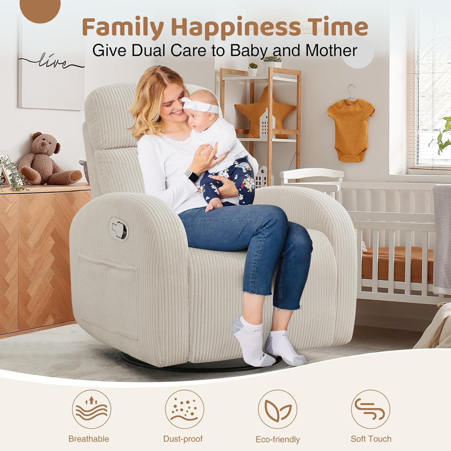 Aemeios Corduroy Swivel Rocker Glider Manual Recliner Nursery Rocking Chair with Double Pockets, White