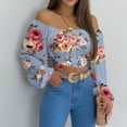 thumbnail image 2 of Blusas cortas de manga larga sin tirantes con hombros descubiertos y manga farol fruncida para mujer Pompotops  gfhjh7985, 2 of 9