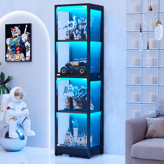NYBOPAVIS Display Cabinet with Glass Doors & LED Lights,4-Tier Modern Glass Display Case with Adjustable shelves for Living Room & Bedroom, Black