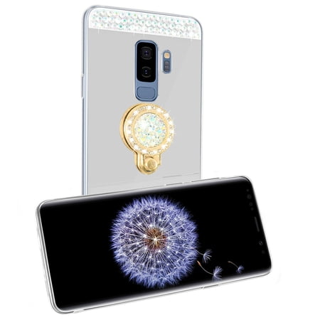 SOATUTO Glitter Case for Samsung S9 Plus Mirror Case with Ring Holder Kickstand for Girl Women Bling Shining Rhinestone Diamond Luxury Makeup Case for Samsung Galaxy S9 Plus 6.2 inch -Silver+Gold Ring