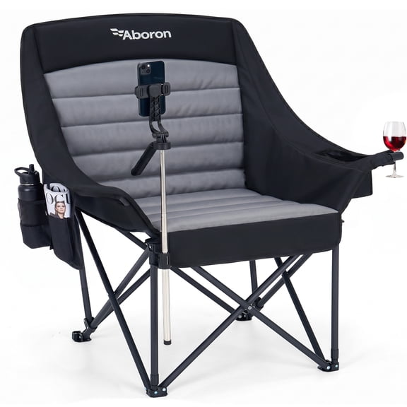 ABORON Folding Camping Chair, Oversized Heavy Duty 600 lbs Padded Lawn Chair for Adults, Portable Outdoor Chair with Hands-Free Phone Holder, Charcoal