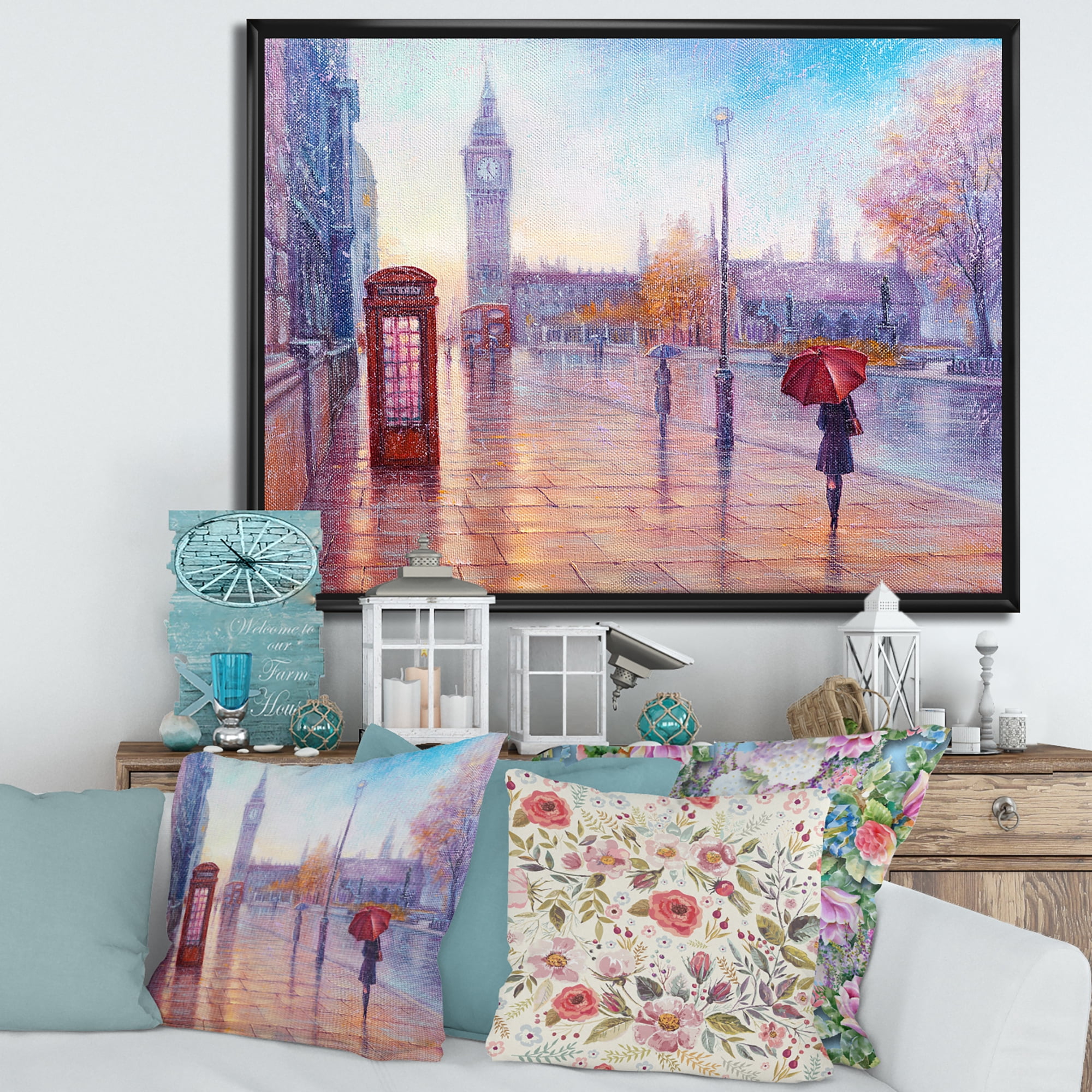 Designart 'Big Ben and Woman With Red Umbrella In London Street' French Country Framed Canvas Wall Art Print