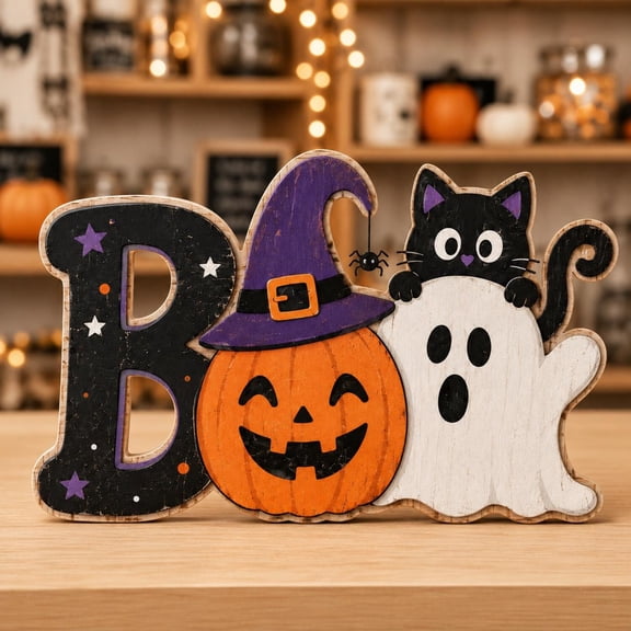 Halloween BOO Wooden Block Decor, Cute Ghost Pumpkin Black Cat Sign, Rustic Fall Shelf Sitter, Farmhouse Halloween Decor