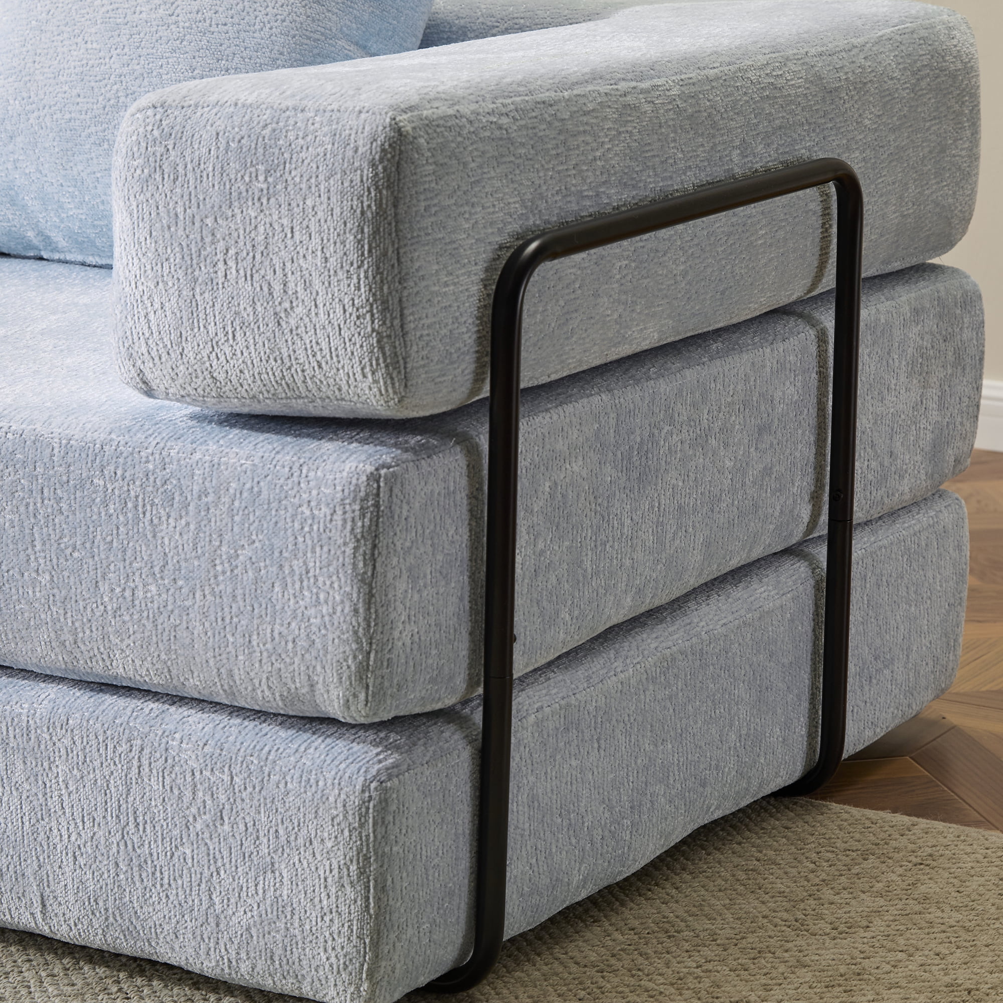 Miniyam 4 in 1 Convertible Floor Sofa Bed, Chenille Floor Couch with Armrest, Pillow for Living Room, Sky Blue
