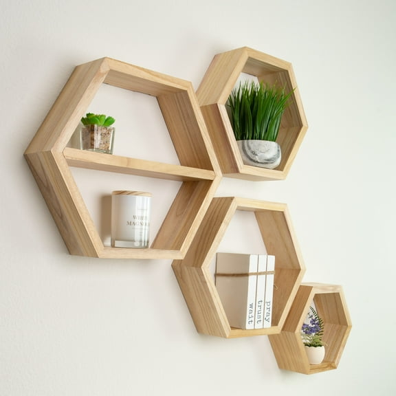 Geometric Hexagon Honeycomb Natural Wood Floating Shelves (4 Count)