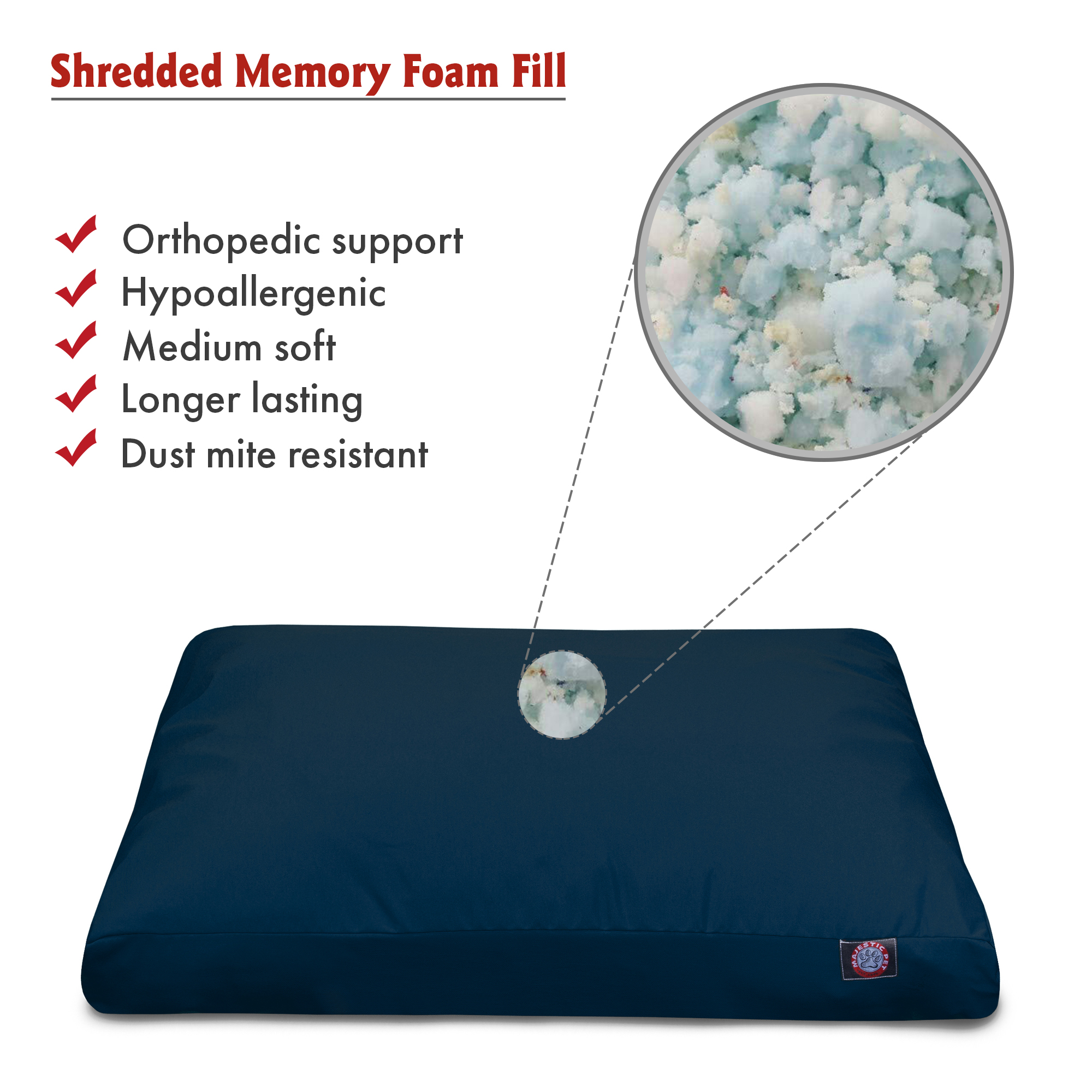 Majestic Pet | Solid Shredded Memory Foam Rectangle Pet Bed For Dogs, Removable Cover, Navy Blue, Medium