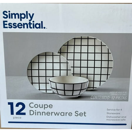 Simply Essential 12 Piece Coupe Black and White Farmhouse Dinnerware Set