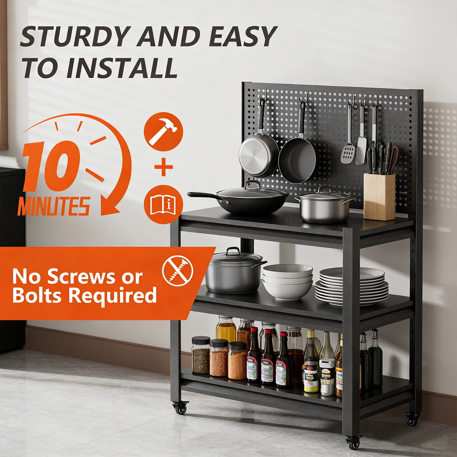 Outdoor Grill Cart Table with Pegboard, Indoor and Outdoor Pizza Oven Table with Lockable Wheels,3-Tier Mobile Multifunctional Organizer Table for Grilling Fans, 47.2" H x 33.5" W x 18" D Black