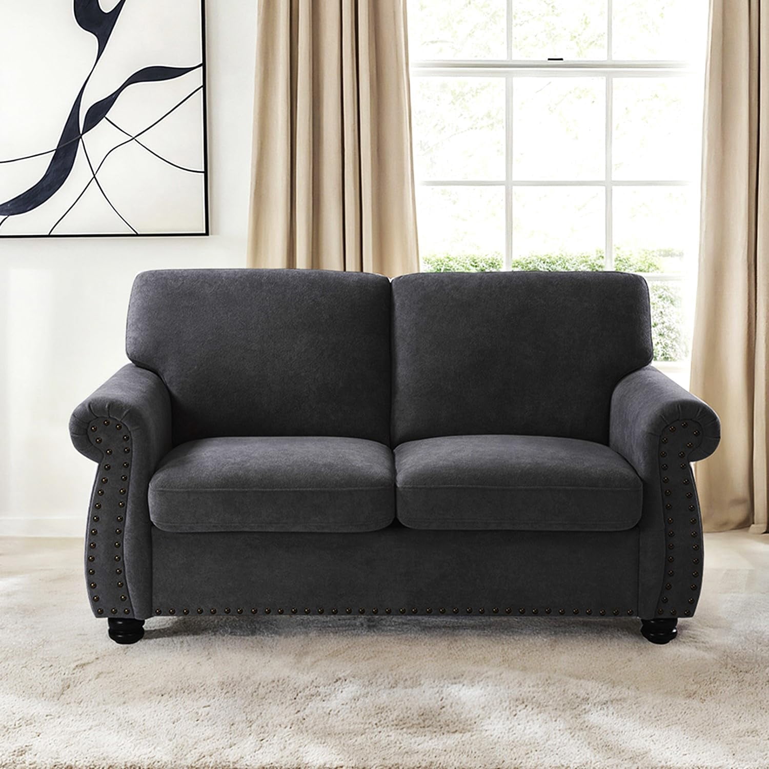 US Pride Furniture 65 in. Wide Rolled Arm Velvet Modern Rectangle Loveseat in Black For Home