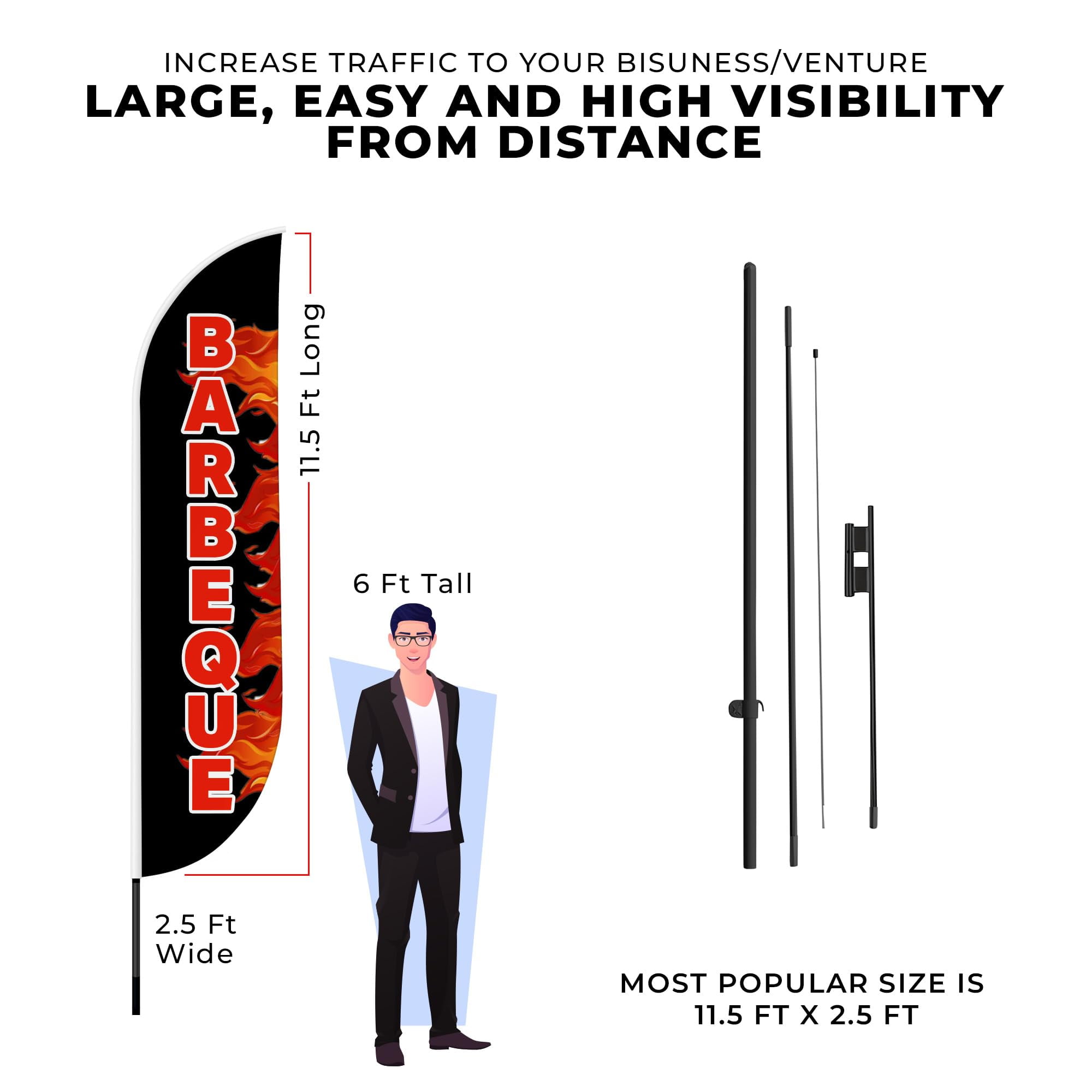 Barbeque Feather Flag(11.5feetX2.5feet) by DreamController | Outdoor Business Advertising Tall Flag | Weather-Resistant Knitted Swooper Flag | Made in USA | HD Print (Flag Only)