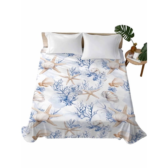 Twin XL Flat Sheet 66"x102", Blue Coastal Soft Lightweight Bedding Flat Sheets Only, Summer Beach Coral Starfish Shell Nautical Brushed Microfiber Top Bed Sheet, Breathable StainResistant Bedsheets
