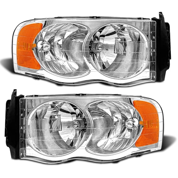 ADCARLIGHTS Headlight Assembly Compatible with 2002-2005 Dodge Ram 1500/03-05 Ram 2500 3500 Chrome Housing with Amber Reflector Clear Lens Headlamp Replacement Left and Right