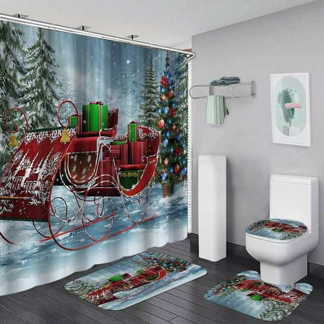 MesaSe PATIO 4 Pieces Set 3D Digital Printing High-Density Merry Christmas Theme Pattern Shower Curtain Set Bathroom Floor Mat Base Mat Toilet Mat Home Holiday Decoration Bathroom Accesso