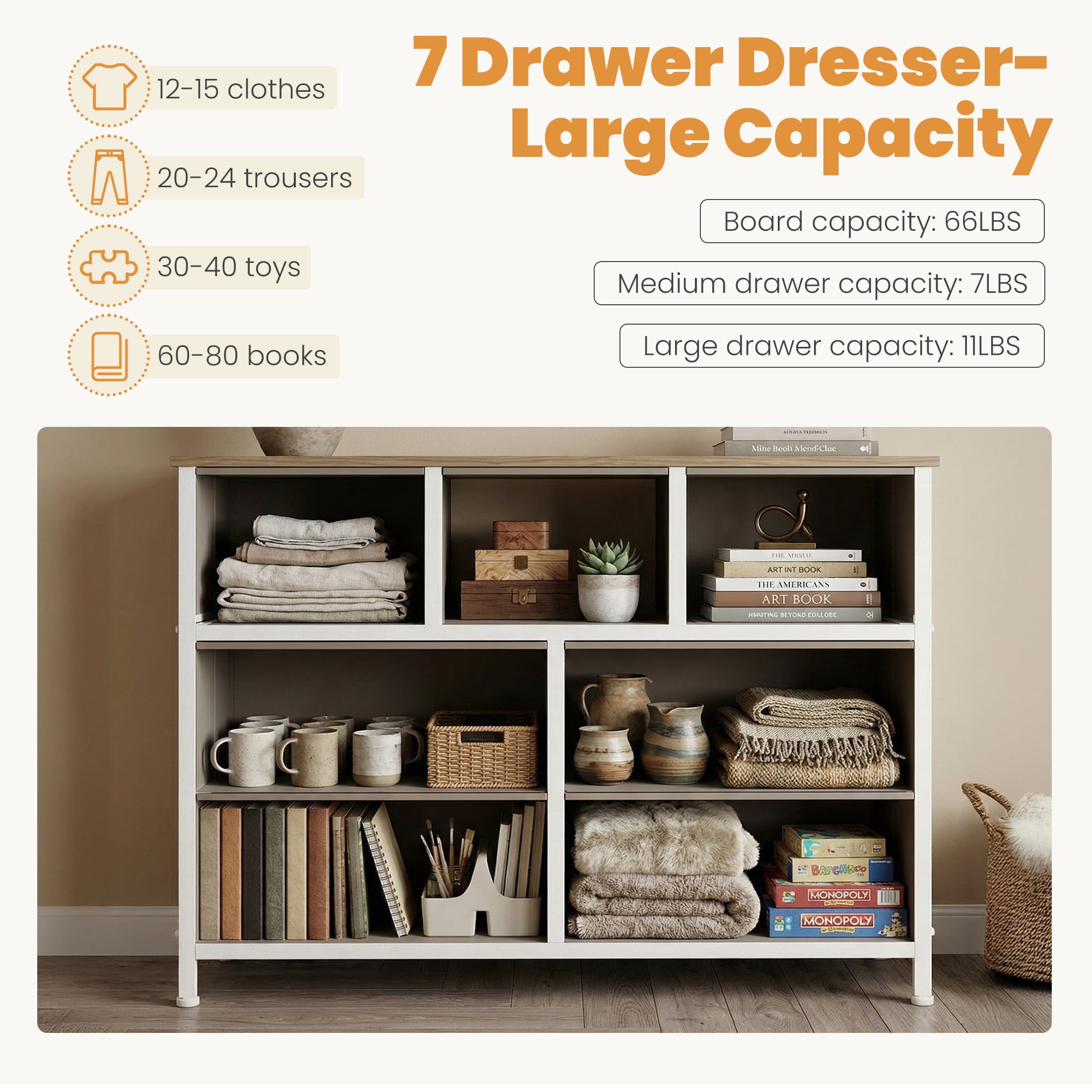edx 7 Drawers Fabric Dresser for Bedroom, Drawer Organizer Storage Cabinet for Closet, Clothes, TV Stand, Oak