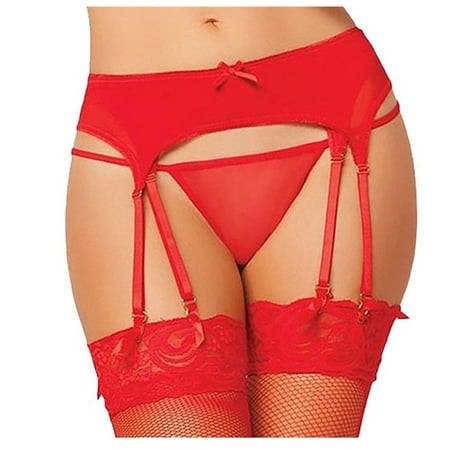 

DNDKILG Mesh Garter Belt Thong Set/Suspender Belt with Clips for Women s Thigh High Stockings (without Stockings) Red M
