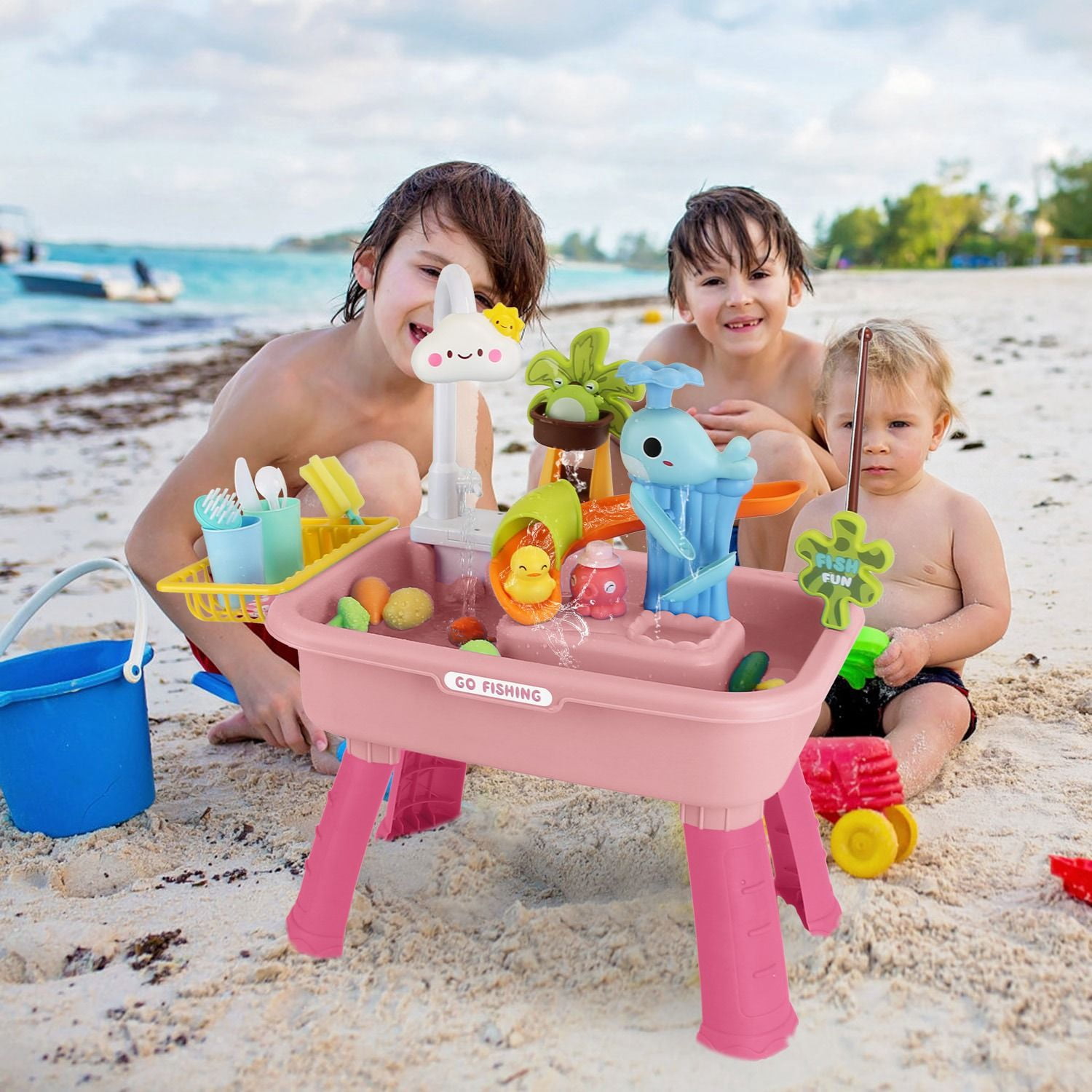 3 in 1 Kitchen Sink Toy with Electric Faucet Water Table Fishing Game Role Play Sink Set Indoor Outdoor for Kids Aged 3+ Years Old
