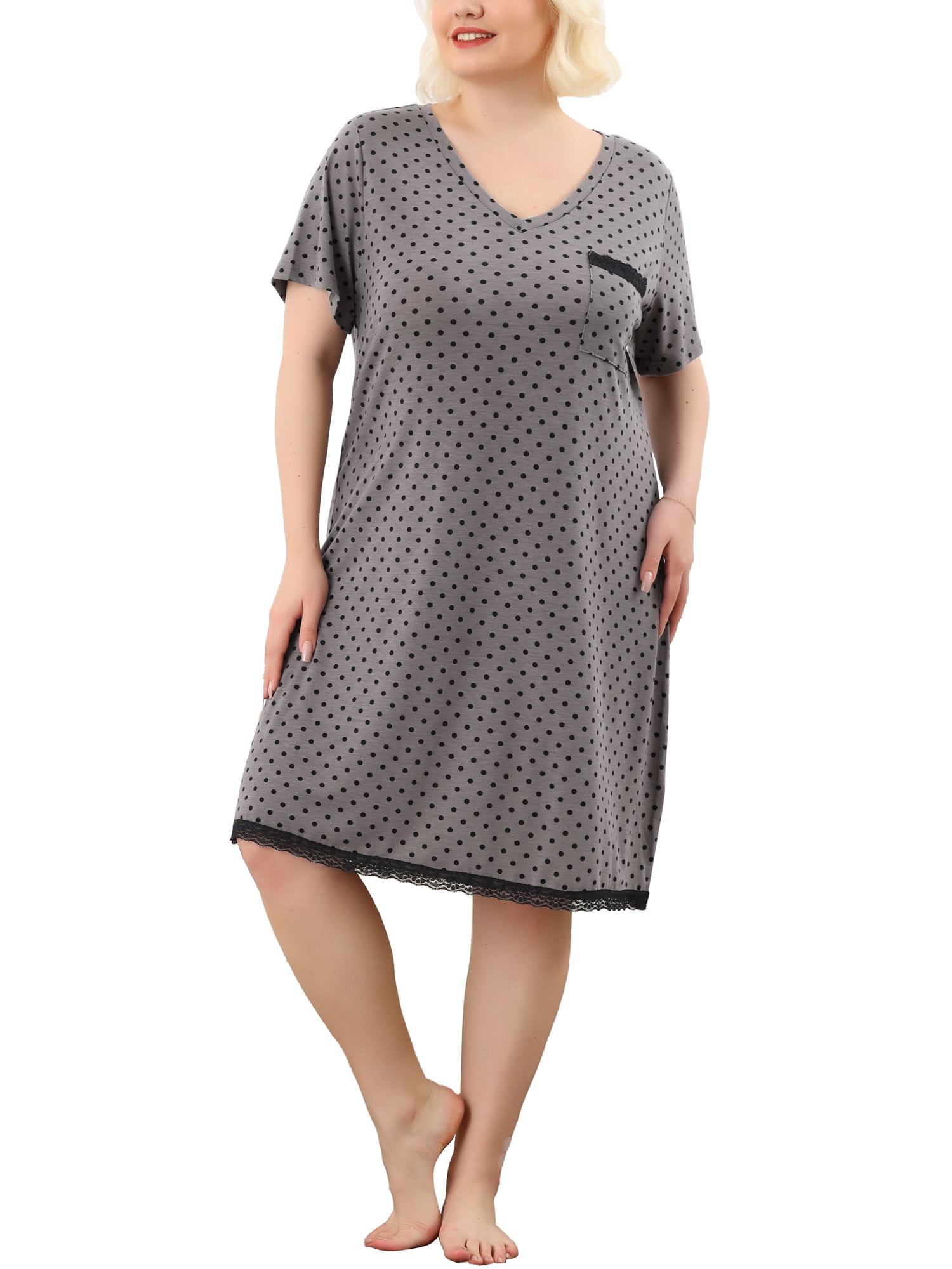 DARING DIVA Women's Plus Size Soft Short Sleeve Lace Trim Pajama Dress 3X Dark Gray