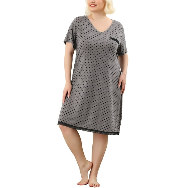 Camisones de Talla Grande para Mujeres Agnes Orinda con Lunares, Cuello en V, Mangas Cortas, Midi, Camisón 1X Gris Oscuro