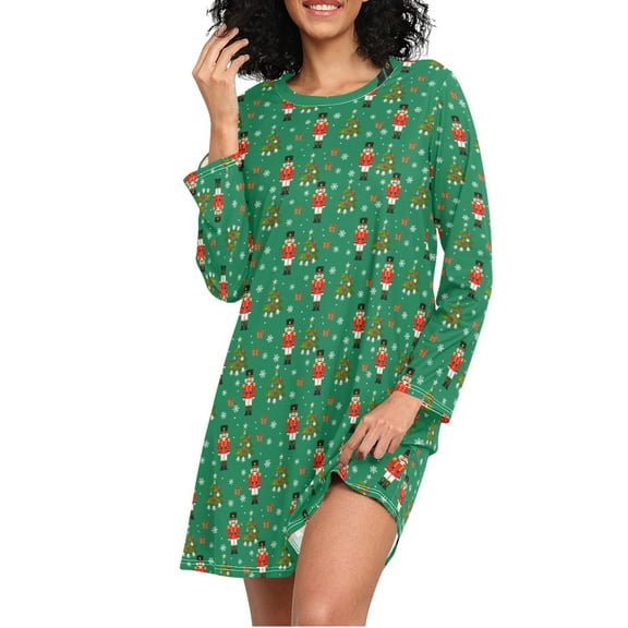 joogoo Nutcracker Christmas Tree Women's Long Sleeve Nightgown Sleepwear L