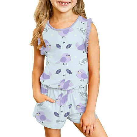 

YANHAIGONG Baby Girl Clothes Clearance 2Pcs Toddlers Baby Girls Summer Clothes Set Round Neck Ruffle Sleeveless Tank Tops Fashion Print Shorts Comfy Outfits 3-14 Years