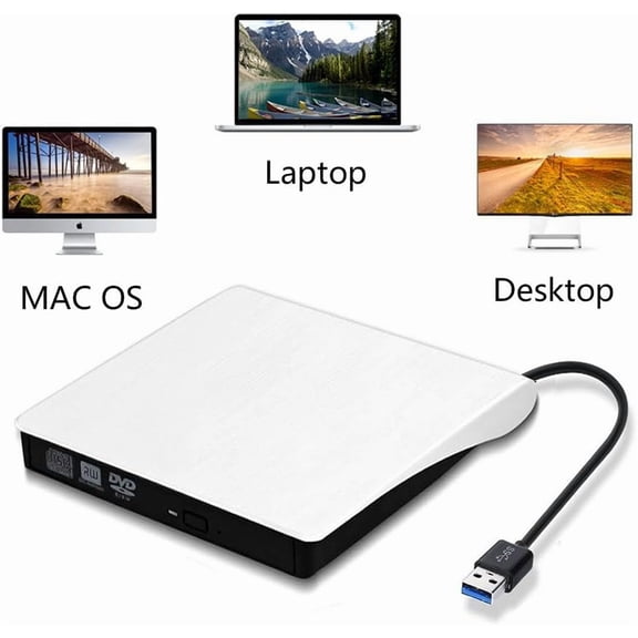 USB 3.0 Portable External CD Drive - High-Speed ​​DVD/CD ROM Burner with Plug and Play Design - Compatible with Laptop Desktop Windows Apple Mac Pro MacBook with Fast Data Transfer Rates(White))