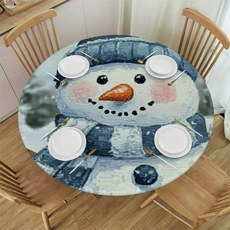 

Xllo0ord Fitted Tablecloth for Round Table Christmas Snowman Cedar Snowflake Table Cover with Elastic Edge Waterproof Table Cloth Winter Tree Circle Table Covers for Kitchen