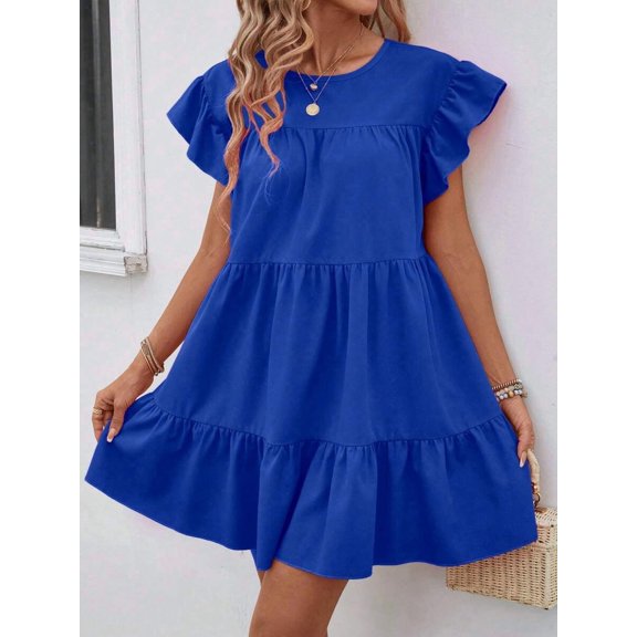 Royal Blue Solid Ruffle Hem Smock Dress With Flutter Sleeves For Casual Holiday Wear