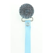 Light Blue Quilted Crystal Pacifier Clip with Solid Ribbon