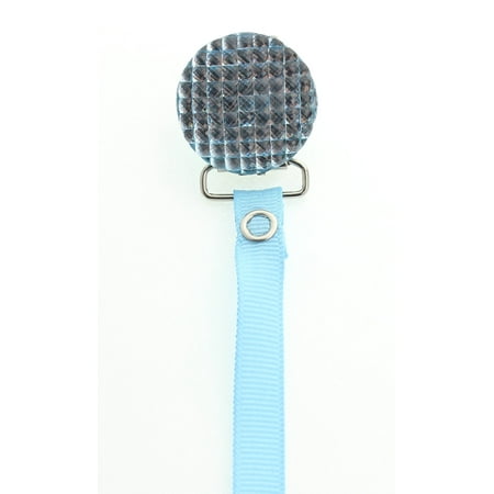 Light Blue Quilted Crystal Pacifier Clip with Solid Ribbon