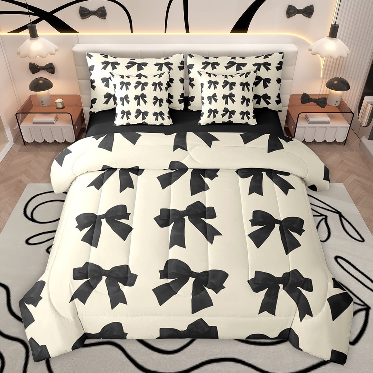 Feelyou Kawaii Bowknot Child Bedding Comforter Set 7 Pieces Dreamy Princess Style Full Bedding Set Girly Black Ribbon Reversible Fitted Sheet Flat Sheet Super Cozy Room Decor