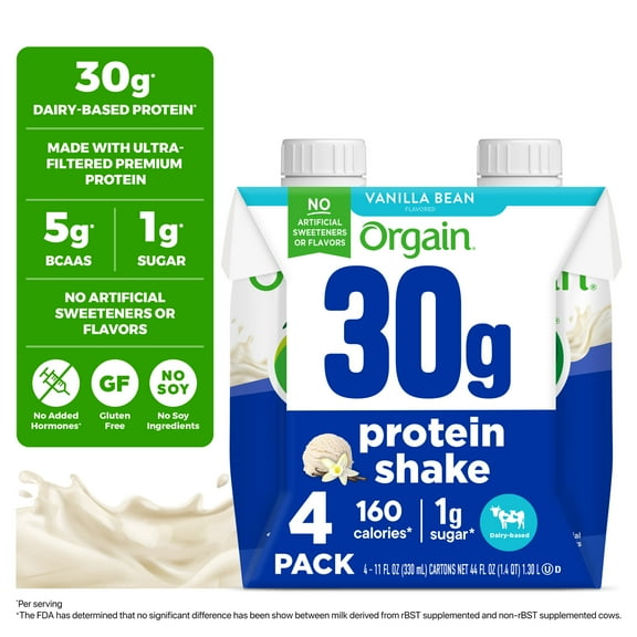 Orgain 30g Protein Shake, Dairy Based, Vanilla Bean 11oz, 4ct