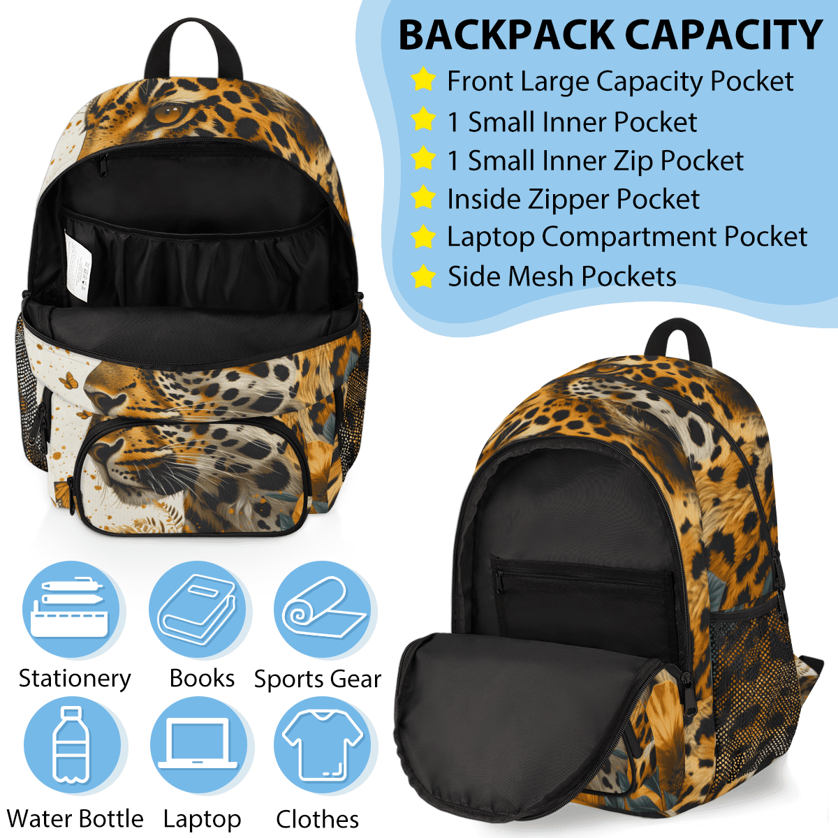 Herdesigns Leopard Backpack with Lunch Box Butterfly Leopard Print Lightweight Large Travel Work Laptop Backpacks Set Casual Daypacks