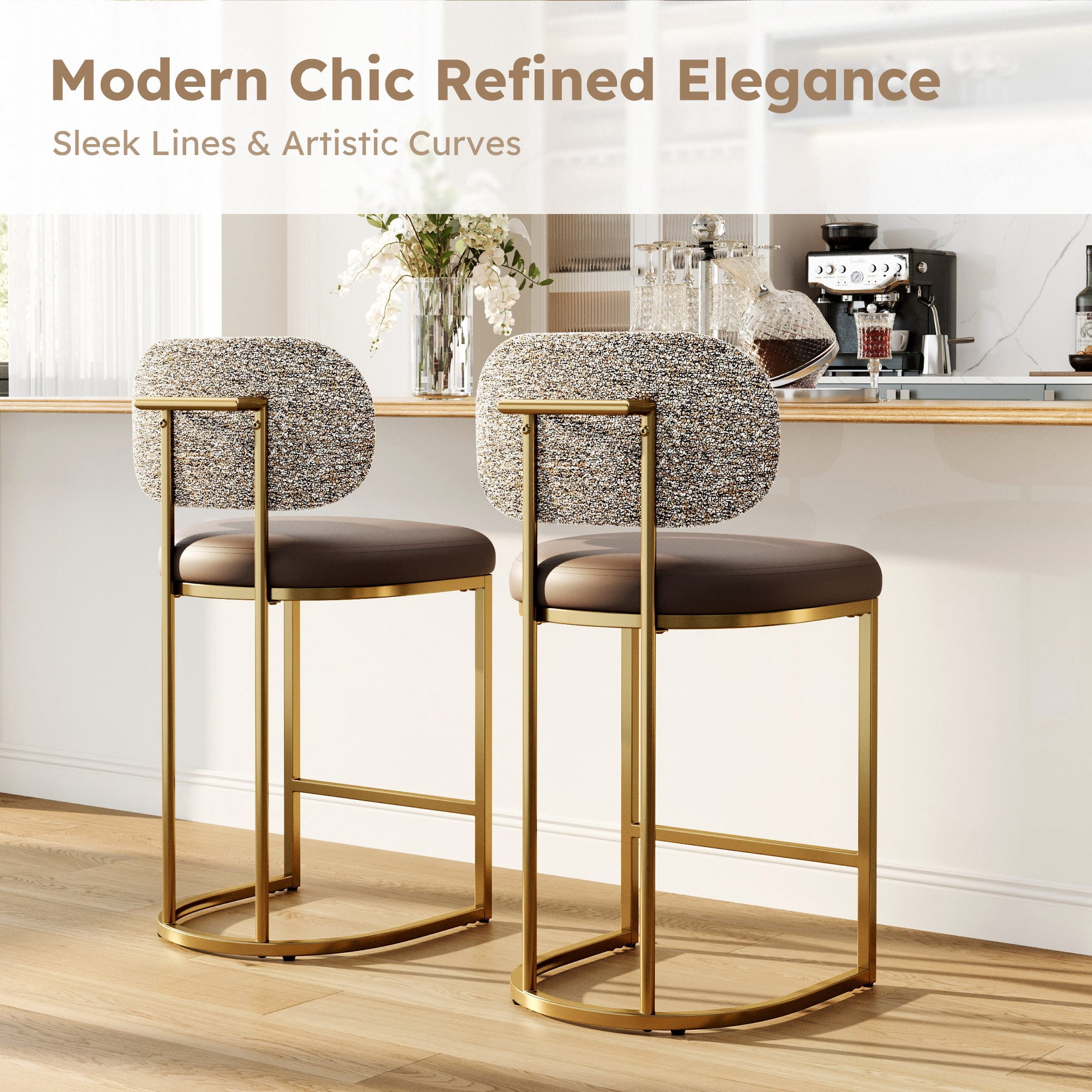 MF Studio Counter Height Bar Stool with Back Set of 2, 24.8" Modern PU Upholstered Bar Chair with Large Chenille Back and Metal Frame, Taupe