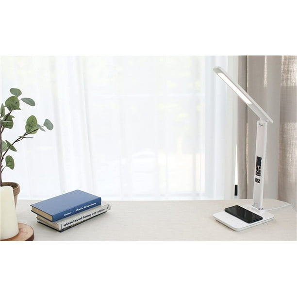 Lampe de bureau LED avec chargeur sans fil, lampe de table avec horloge,  alarme, date, température