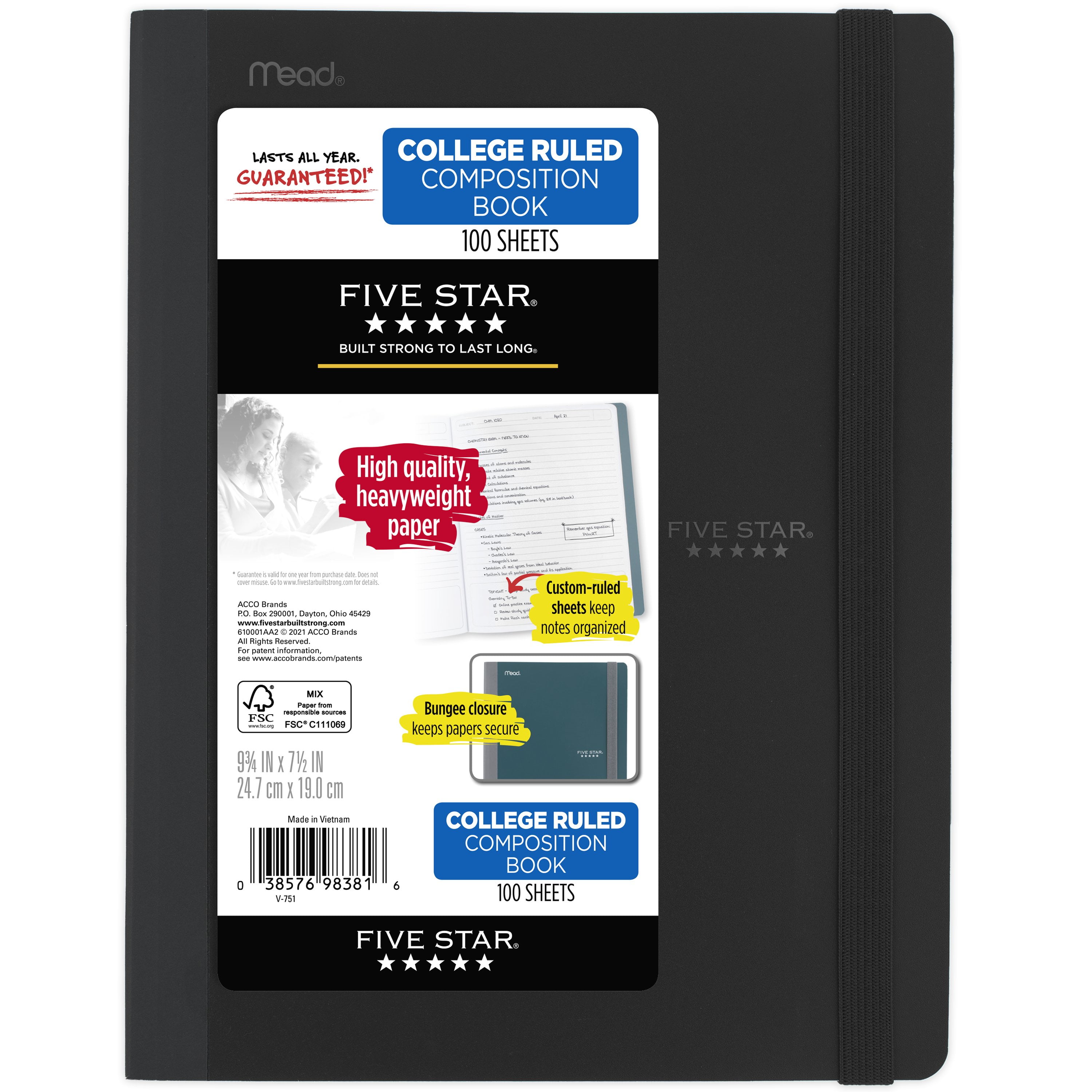 Five Star Premium Composition Book, College Ruled, 100 Pages, 9 3/4" x 7 1/2", Black (61101AA2-WMT)