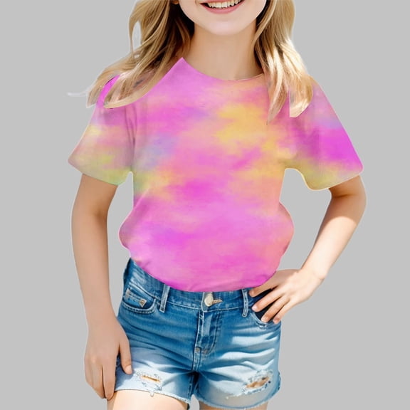 Girls T Shirts Children Neon Tie Dye Print Short Sleeve Round Neck Summer Fashion Girls Tops Pink 10-11 Years